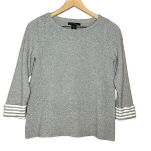 Women's M Tahari Pullover Sweater Gray White Striped Cuffs Warm Heavy